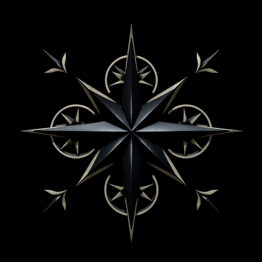 Generate a high-resolution abstract design of five stylized compass rose shapes arranged dynamically on a black background, captured with a DSLR camera at f/8 aperture, ISO 100, 50mm lens, shot from a top-down view for enhanced depth and clarity.