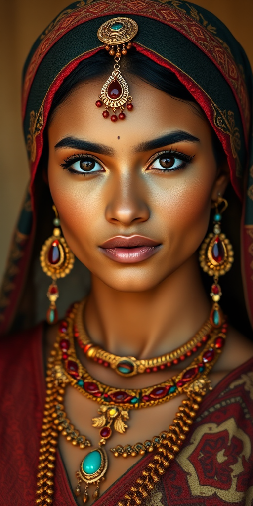 Create a portrait of a beautiful Tongan woman with striking black eyes and a gentle expression. She is adorned in traditional attire with intricate patterns, including a richly embroidered headscarf and matching garments. Her jewelry includes a delicate headpiece, dangling earrings, and ornate bracelets, all featuring vibrant gemstones and detailed metalwork. The background is soft and warm, enhancing the rich colors of her outfit and jewelry.