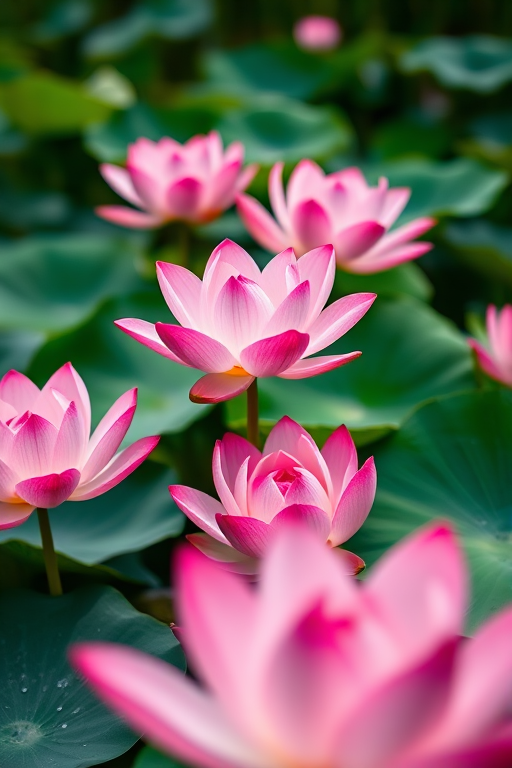 high-resolution image of pink lotus flowers in a lush green pond, soft natural lighting, shallow depth of field, 50mm lens, f/2.8 aperture, ISO 100, captured from a low angle to emphasize flowers, DSLR camera