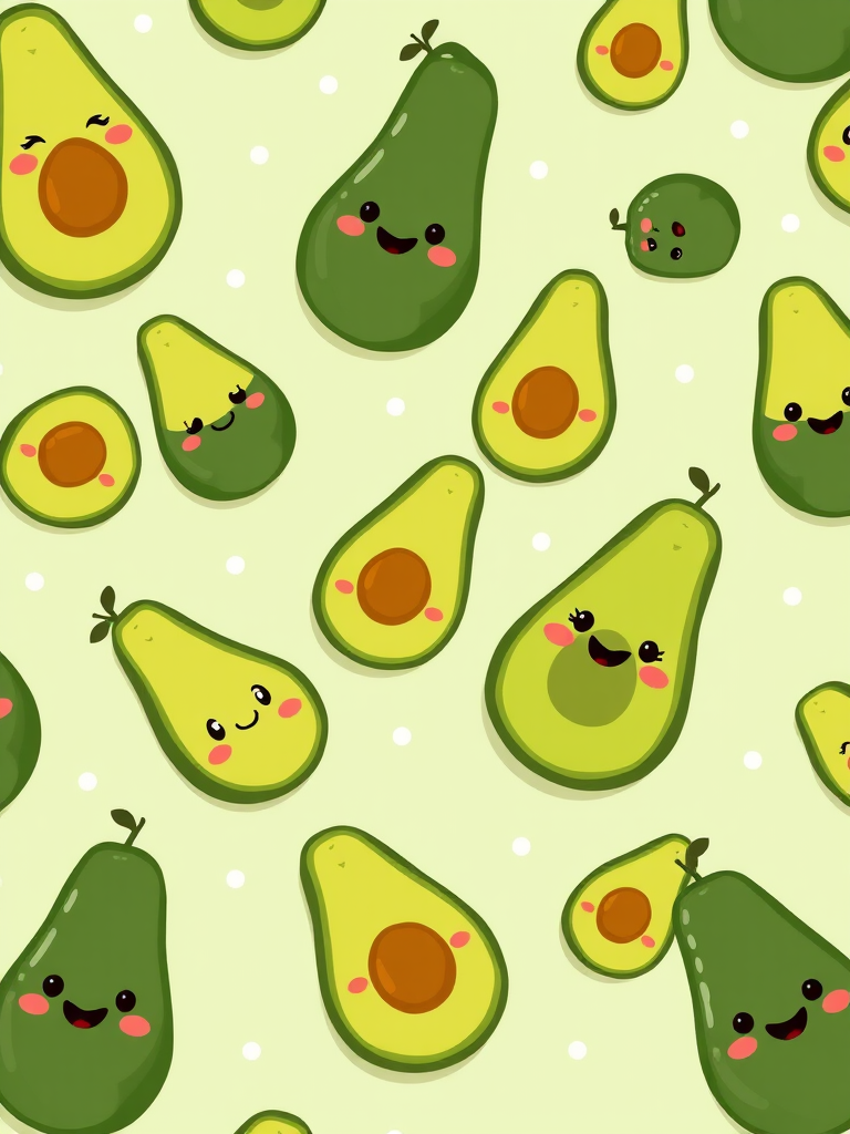 Cute cartoon avocados with smiling faces and pits scattered across a light green background with small white dots. Some avocados are whole, some are halved, and a few are slices, all showcasing expressive faces.