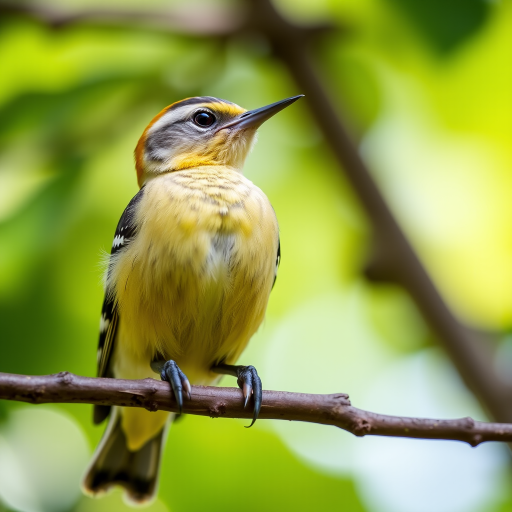 A detailed close-up of a yellow-bellied sapsucker perched on a branch, captured in natural light, 85mm lens, f/4 aperture, ISO 200, 1/1000s shutter speed, shallow depth of field, focusing on the bird with a blurred green background.