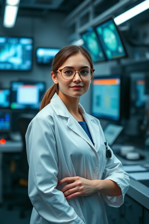 Create an image of a young woman with glasses in a lab coat standing in a futuristic laboratory with screens and controls in the background, captured with a DSLR camera at f/1.8, ISO 200, 50mm lens, using soft lighting and a shallow depth of field for a cinematic style.