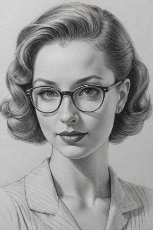 Alluring Kaitlyn Doubleday, pencil sketch, portrait of Enticing woman 1937s in glasses, hair style beatnik, outline, clear lines, fine lines, 8k