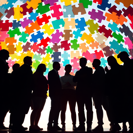 Create an image of diverse silhouettes of people standing together under a colorful puzzle piece dome, using a DSLR camera with a 50mm lens, aperture f/2.8, ISO 100, and a shallow depth of field to enhance image quality.