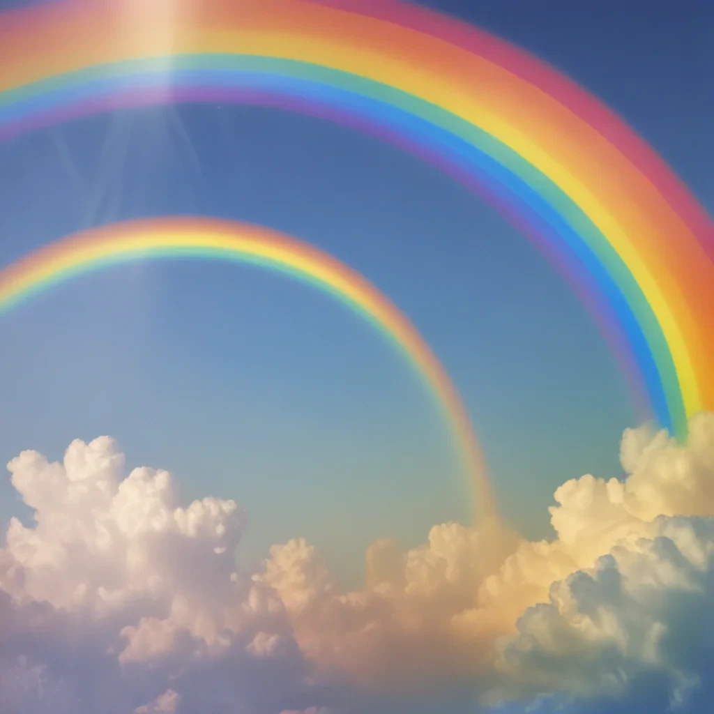 Vibrant Rainbows Arching Across a Beautiful Blue Sky with Fluffy Clouds