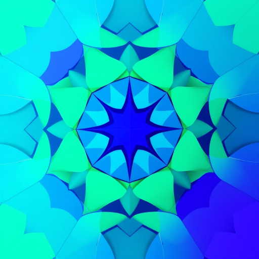 Create a vibrant abstract geometric pattern using shades of blue, green, and purple with high contrast, low angle view, using a Canon EOS R5, f/8 aperture, ISO 100, 24mm lens, capturing intricate details and sharp lines.