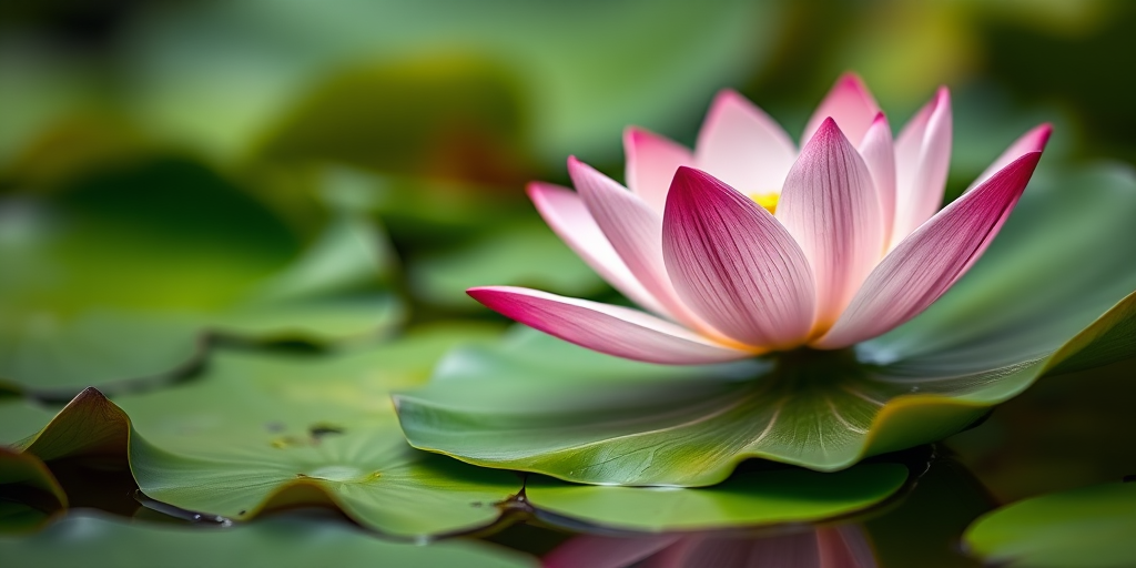 Capture a close-up of a pink lotus flower on a green lily pad with a shallow depth of field, using a DSLR camera with a 50mm f/1.8 lens, aperture set to f/2.8, ISO 100, and a soft natural light setting.