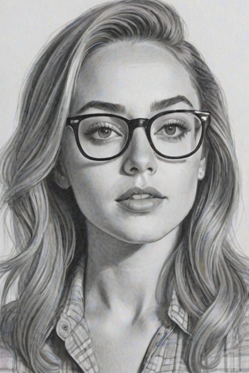 Ravishing Brandi Cyrus, pencil sketch, portrait of Enticing woman 1958s in glasses, hair style beatnik, outline, clear lines, fine lines, 8k