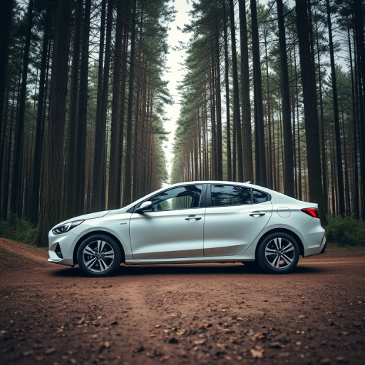 Regenerate an image of a modern white car parked on a forest dirt path surrounded by tall trees, taken with a DSLR camera at f/2.8, ISO 100, 24mm lens, shot from a low angle to emphasize the car and trees in the background, using a soft focus for a cinematic effect.