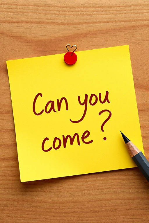 Yellow post-it note, hand written in brown pen text "Can you come??", 3d, hd, hyper realistic,
