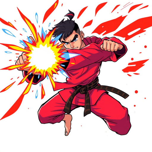 Create a high-resolution digital illustration of a martial artist in a red gi executing a powerful punch, with a dynamic energy blast in blue and red emanating from their hands, using a 50mm lens, f/2.8 aperture, 1/200s shutter speed, in a vibrant cartoon style with clear, bold outlines for enhanced color contrast.