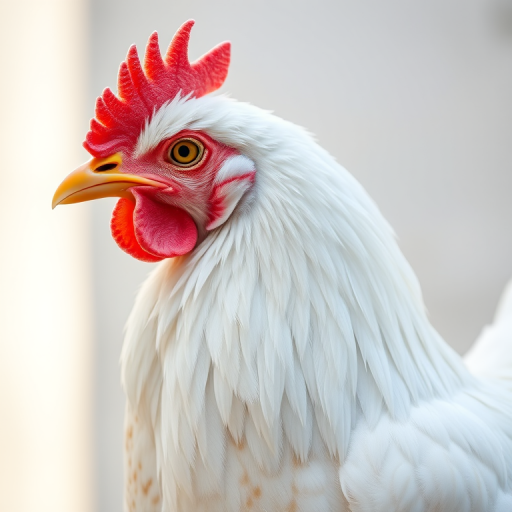 Create a realistic illustration of a white chicken with brown feather accents, using a Canon EOS R5 camera, 50mm lens, f/2.8 aperture, ISO 100, shot in natural light, capturing a side profile view to enhance details and textures.