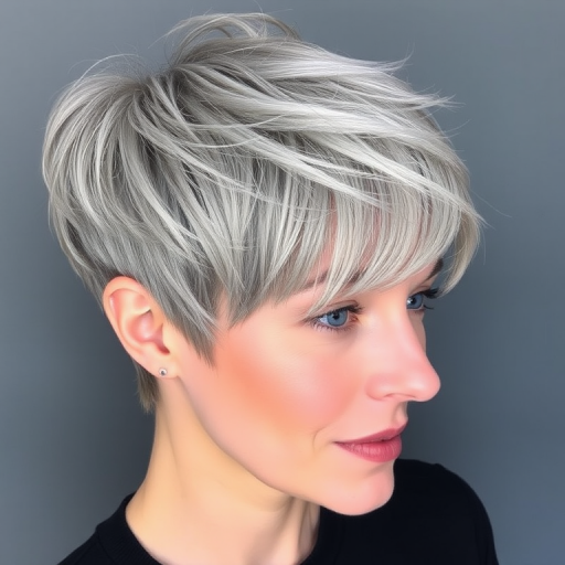 Sleek silver fox pixie cut with feathered bangs, emphasizing natural gray tones and incorporating subtle platinum highlights for a chic, age-defying style