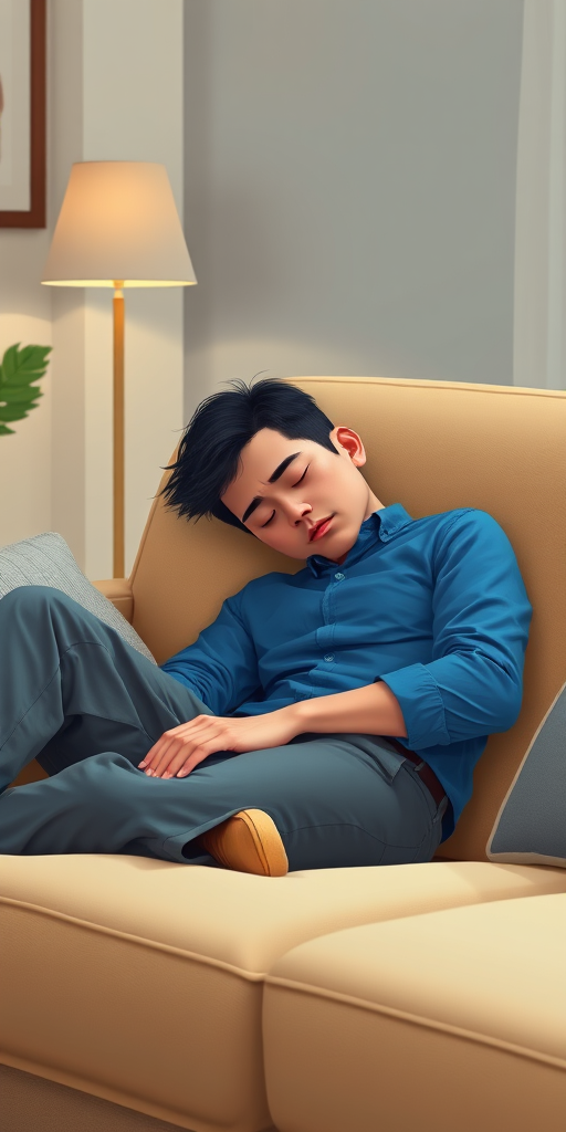 A digitally illustrated scene of a man in a blue shirt and gray pants sleeping on a beige couch with a lamp in the background, high-definition, 50mm lens, f/2.8 aperture, soft lighting, studio quality.