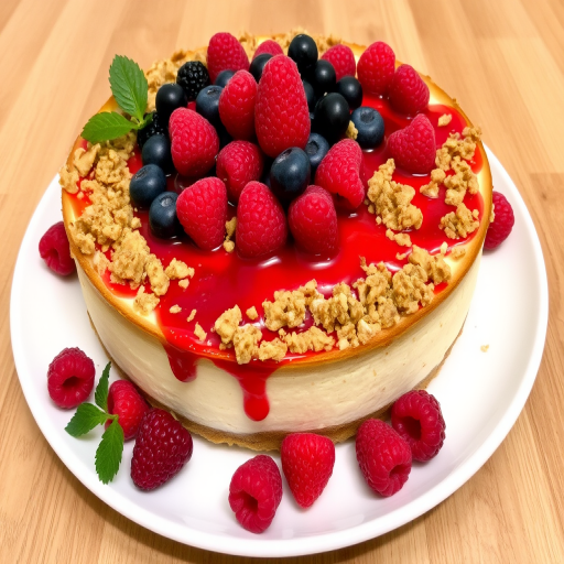 A delicious cheesecake topped with a layer of mixed berries and a crumbly topping, placed on a white plate with fresh raspberries scattered around, set on a wooden surface.