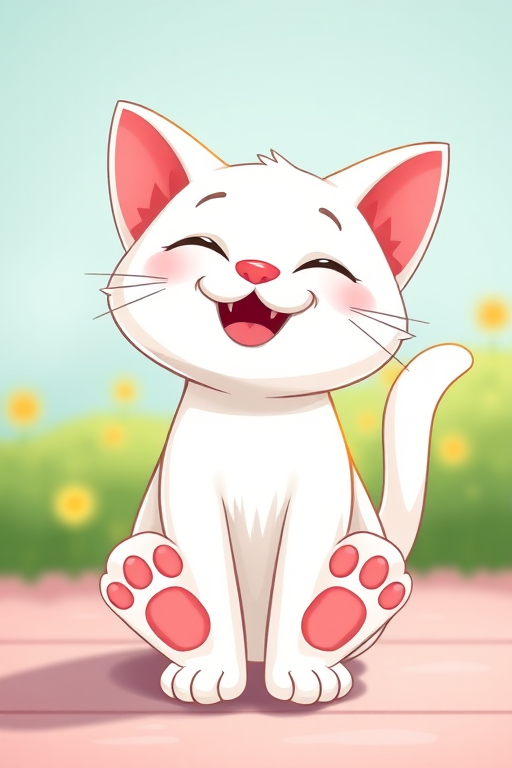 Create a cute cartoon-style illustration of a joyful white cat with a big smile and pink paws, using a soft focus lens, f/2.8 aperture, 50mm lens, natural light, and a vibrant color palette for enhanced visual appeal.
