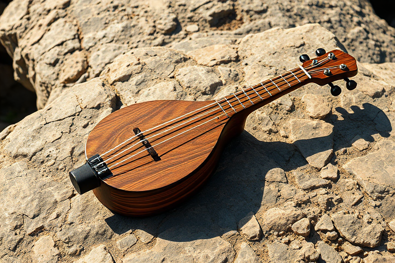 Create a high-resolution digital illustration of a traditional musical instrument resting on a textured rock surface, using a Canon EOS R5 with a 50mm f/1.2 lens, aperture set to f/2.8, ISO 100, and natural sunlight for a soft, warm glow.