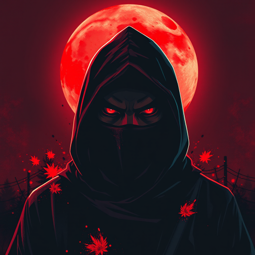 Create an illustration of a mysterious hooded figure with striking eyes, set against a large red moon, using vibrant reds and blacks with dynamic splashes of color; captured with a DSLR camera at f/1.8, ISO 100, 50mm lens, shallow depth of field, and a dramatic low-angle perspective for a cinematic effect.