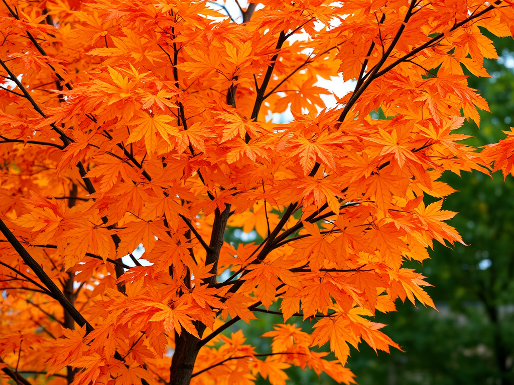 Regenerate an autumn tree with vibrant orange and yellow leaves, using a DSLR camera at f/8 aperture, 50mm lens, 1/200 sec shutter speed, in macro view, with natural lighting for enhanced color saturation.