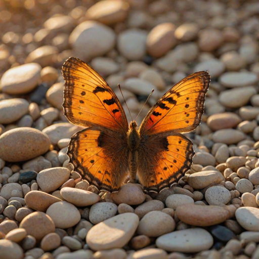 A vibrant orange and yellow butterfly with black markings is perched on a bed of small, brown pebbles in the warm, golden light of a setting sun. The butterfly is facing the viewer with its wings slightly raised, creating a sense of delicate movement. The background is a soft, blurred green and yellow, creating a gentle, natural atmosphere. The image is captured in a close-up perspective, focusing on the butterfly's intricate details and the warm glow of the sunlight.