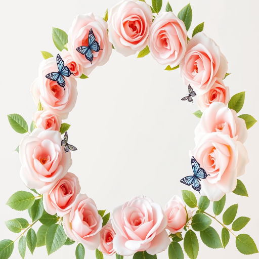 Create an illustration of a circular floral frame with soft pastel roses and green leaves, featuring delicate butterflies, captured with a Canon EOS R5 at f/2.8, 1/125 sec, ISO 100, in a bright and airy studio lighting setup.