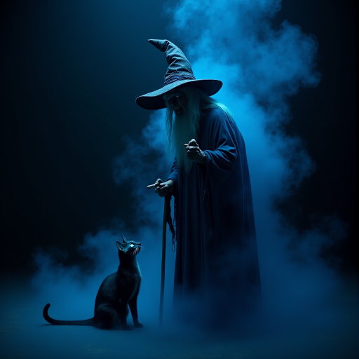 Close-up of a mysterious old crone female witch and her cat made of blue smoke are standing in the dark cackling evilly at the viewer. The smoke is a deep blue, and the background is black. The crone is wearing a long, flowing robe and has a pointed hat on her head. She is holding a staff in one hand and has a mischievous look on her face. The cat is sitting at her feet, looking up at her with glowing blue eyes. The smoke around them is swirling and shifting, as if it has a life of its own. The overall effect is eerie and magical.