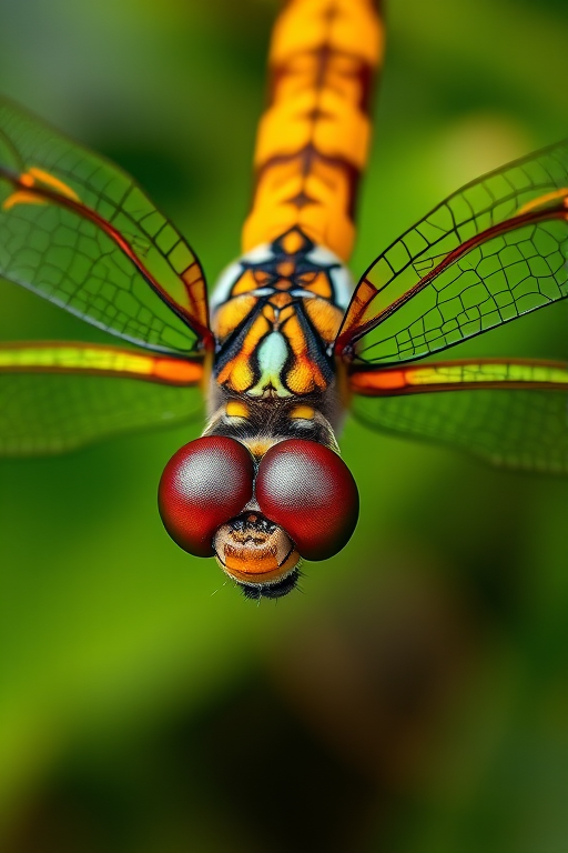 Create a vivid, high-resolution image of a dragonfly with a mosaic pattern, captured with a macro lens at f/2.8 aperture, ISO 100, and a shutter speed of 1/200s from a top-down angle, using a DSLR camera with vibrant color settings for enhanced detail and clarity.