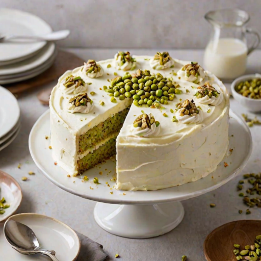 Create an image of a round cake with a light frosting on top, decorated with chopped pistachios. The cake should have a slice cut out, revealing its moist interior. The plate should be simple and elegant, set against a soft, neutral background.