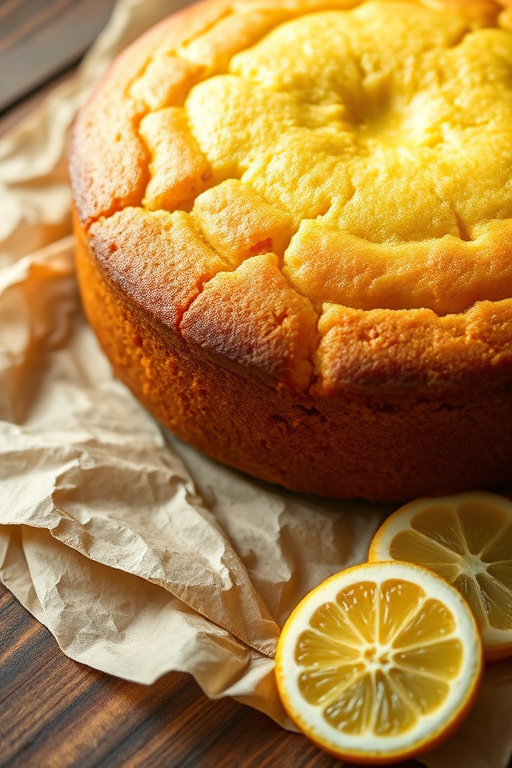 A close-up shot of a freshly baked lemon cake on a crumpled parchment paper with lemon slices beside it, natural lighting, aperture f/2.8, ISO 100, 50mm lens, shallow depth of field, DSLR camera.
