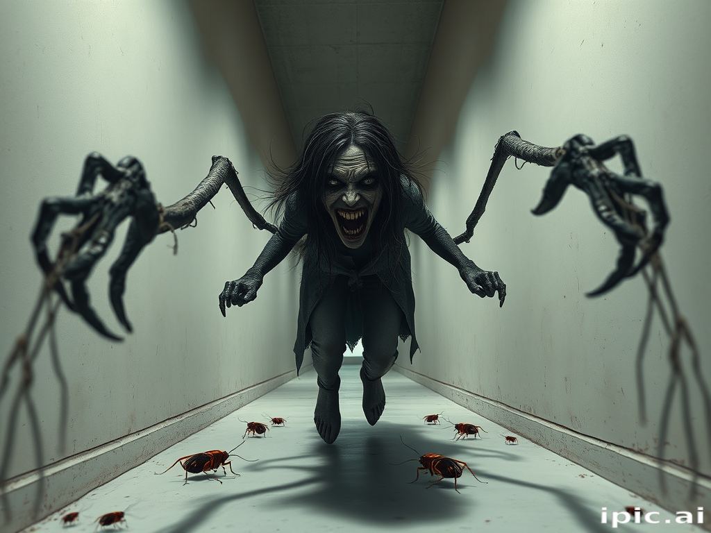 a crooked woman with long arms and a creepy smile is crawling along a long white corridor and you can also see cockroaches in it there is a creepy atmosphere creepy art style