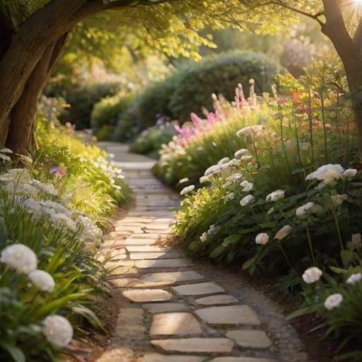 Soft-focus image of a narrow stone pathway winding through a sunlit garden, with soft golden light filtering through the trees and flowers blooming on either side.