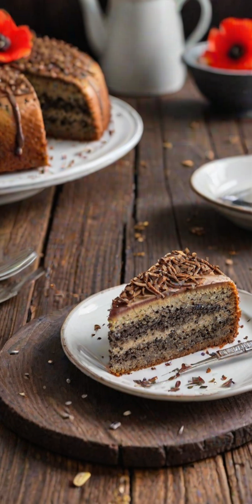 Generate an image of a slice of poppy seed cake with chocolate shavings on top, served on a white plate. The background should feature a wooden table and a rustic atmosphere, with a larger loaf of cake in the background.