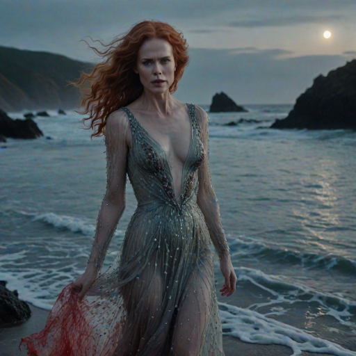 Bewitching image of Nicole Kidman, Big Little Lies star, with her porcelain skin and cascading red curls, emerging from misty waves in a sheer, iridescent gown, on a moonlit beach dotted with bioluminescent algae