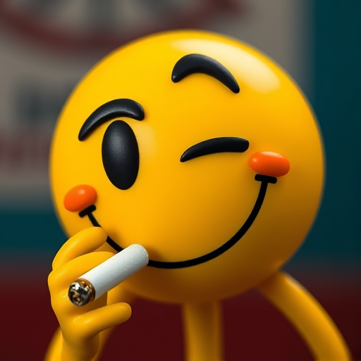 Create a high-resolution image of a cartoonish yellow smiley face with a raised eyebrow holding a cigarette, using a Canon EOS 5D Mark IV camera, 50mm lens, f/1.8 aperture, ISO 100, and a soft focus style for a vibrant and playful look.
