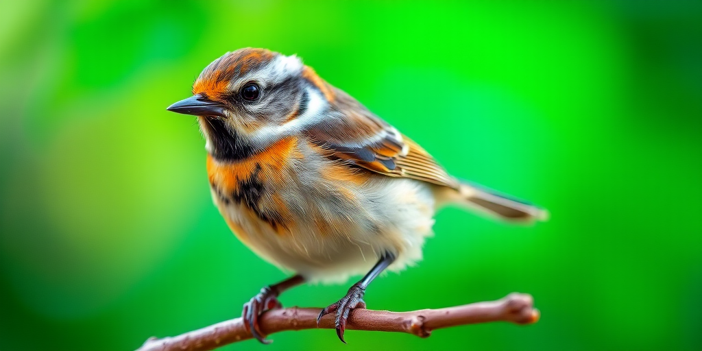 A detailed close-up of a small bird perched on a branch with a blurred green background, using a Canon EOS R5 camera with a 100mm f/2.8 macro lens, aperture set to f/4, shutter speed at 1/800s, ISO 200, natural lighting to enhance sharpness and colors.
