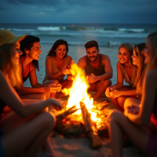 Blurry candid shot of a group of friends gathered around a bonfire on the beach, laughter and conversation filling the air, with soft golden light from the flames illuminating their faces.