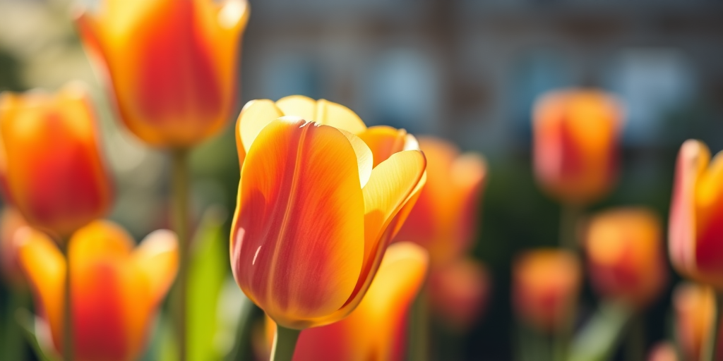 capture a close-up of a yellow and orange tulip with a blurred background of other tulips, use a DSLR camera, 50mm lens, aperture f/2.8, ISO 100, shutter speed 1/200, natural lighting for enhanced color and detail