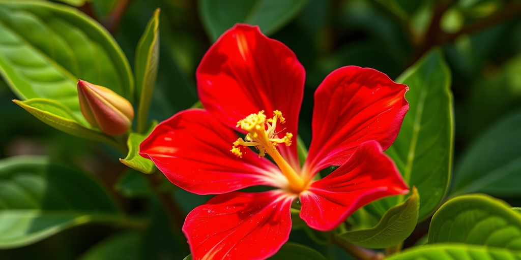 Regenerate a vibrant floral illustration featuring a red flower and green leaves, using a DSLR camera with a 50mm lens at f/2.8, ISO 100, natural lighting, and close-up view to enhance details and colors.