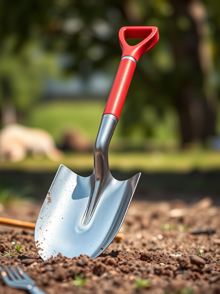 Create an illustration of a shovel with a red handle and metallic blade, in a well-lit outdoor setting, using a 50mm lens, aperture f/2.8, ISO 100, and a DSLR camera for high-quality detail and sharpness.