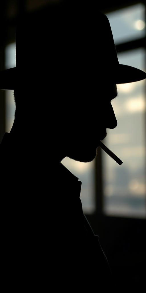 Create a high-resolution silhouette image of a man wearing a fedora with a cigarette, shot with a Canon EOS R5, 50mm lens, aperture set to f/1.8, ISO 100, in soft natural light, side profile view.