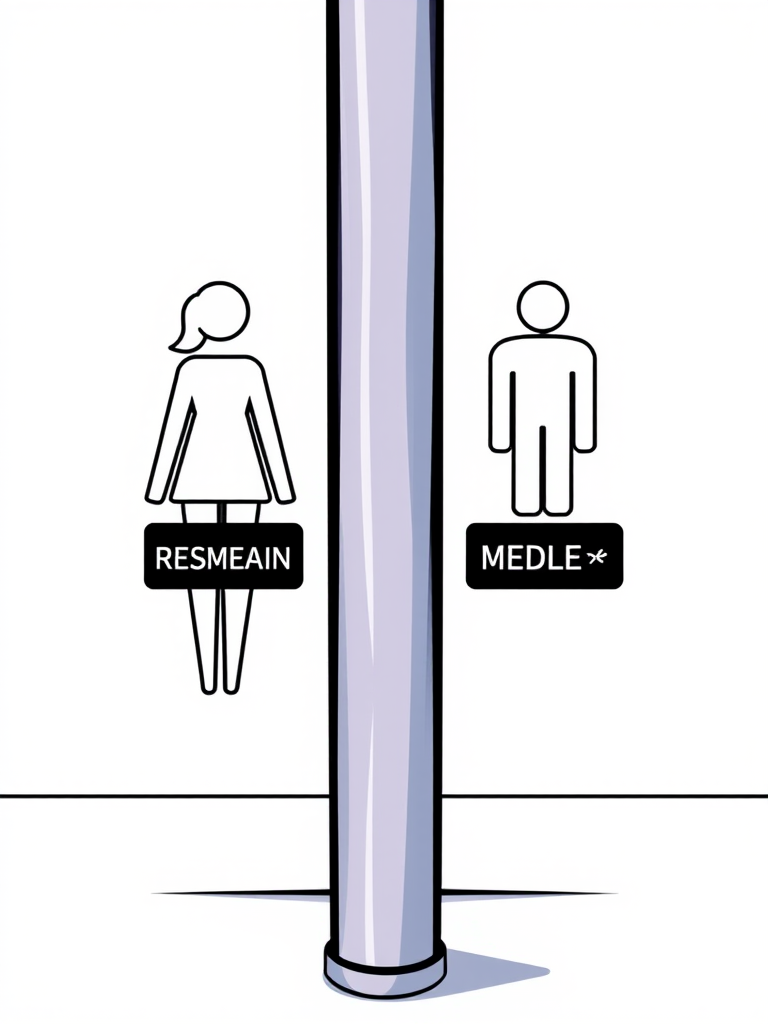 Create an illustration of two stylized restroom signs, one female and one male, standing on either side of a vertical divider, using a high-resolution digital art style, shot with a DSLR camera at f/2.8 aperture, 50mm lens, and ISO 100 for a crisp and vibrant look.