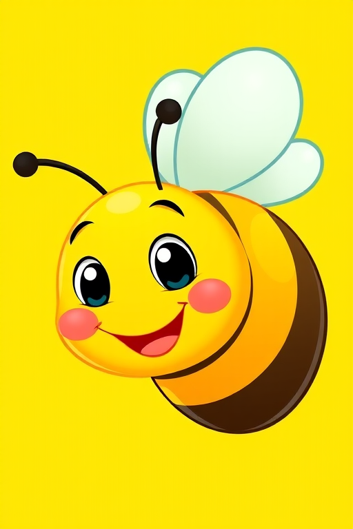Create a colorful cartoon bee character with a happy expression on a bright yellow background, capturing it with a DSLR camera at f/2.8, ISO 200, 50mm lens for a sharp focus and vibrant colors.