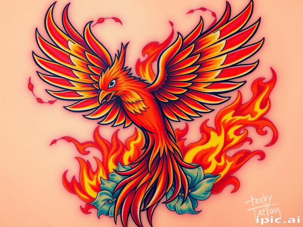 Powerful "Phoenix Rising" tattoo depicts a majestic firebird emerging from vibrant flames. Rich reds, oranges, and golds create a sense of heat and rebirth, while touches of turquoise and purple add depth and interest. Intricate feather details and swirling smoke effects showcase the artist's skill in creating a dynamic and symbolic piece.