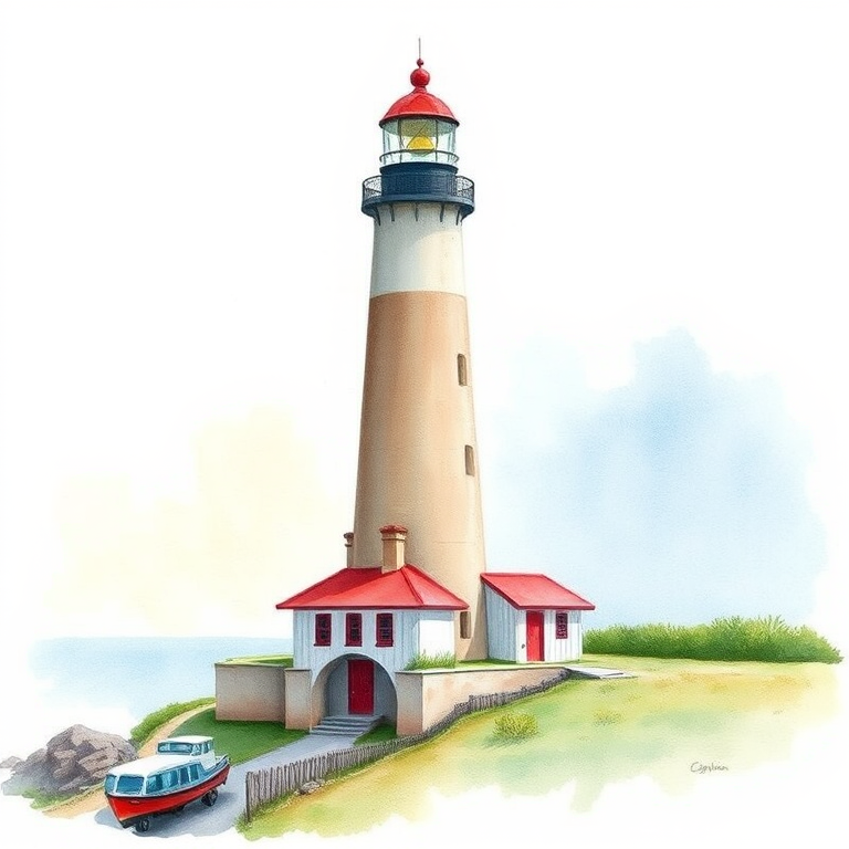 Create a highly detailed watercolor illustration of a coastal lighthouse with a red-roofed house at its base, captured with a Canon EOS R5 at f/8, ISO 100, 24mm focal length, in daylight with a soft focus background for depth.