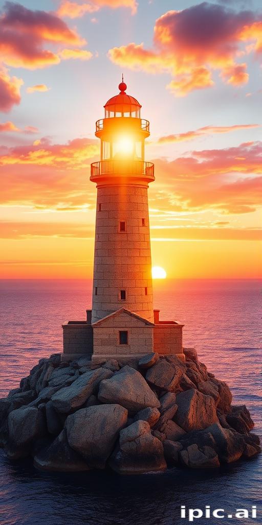 Generate an image of a tall lighthouse perched on a rocky outcrop surrounded by calm ocean waters during a breathtaking sunset. The lighthouse stands sturdy and weathered, its stone surface illuminated by the warm golden light of the setting sun. The sun's rays pass directly through the glass lantern room at the top of the lighthouse, casting a brilliant light across the scene. The sky is painted with vibrant shades of orange, pink, and purple, reflecting off the tranquil sea. The surrounding water shimmers with the same warm hues, creating a serene and majestic atmosphere.