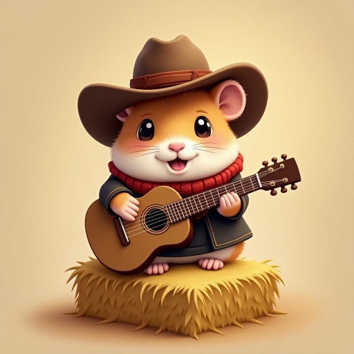 A chibi hamster, dressed as a cowboy, playing guitar, sitting on a hay bale
