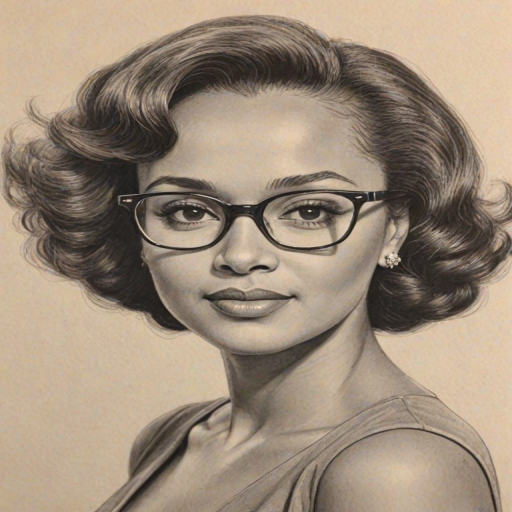 Comely Daphne Maxwell Reid, pencil sketch, portrait of Stunning woman 1957s in glasses, hair style beatnik, outline, clear lines, fine lines, 8k