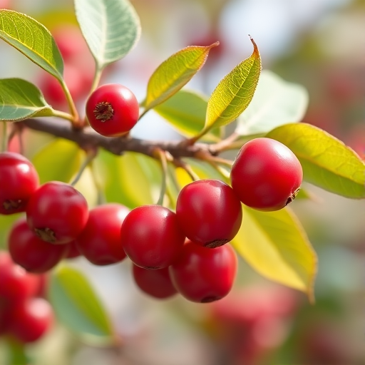 Generate a hyper-realistic image of a cherry branch with vibrant red cherries and green leaves, captured with a Canon EOS R5, using a 100mm macro lens, aperture set to f/2.8, ISO 100, in natural daylight to enhance detail and colors.