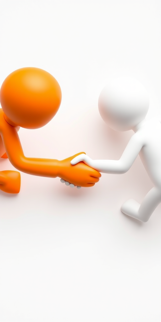 Create a top-down view image of two stylized cartoon figures shaking hands, one orange and one white, on a clean white table, using a DSLR camera with a 50mm lens, aperture set to f/2.8, ISO 100, focus on the handshake, soft lighting for a smooth appearance.