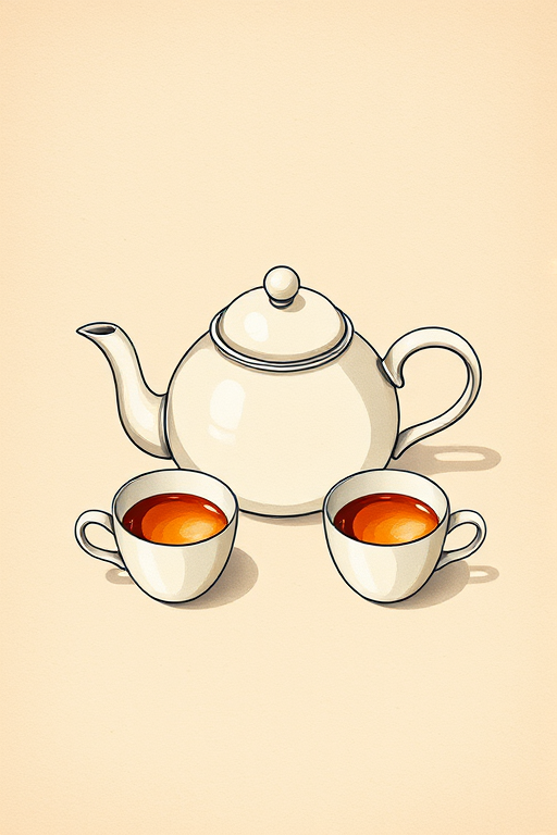 create a hand-drawn illustration of a teapot and two cups on a textured beige background, shot with a Canon EOS R5, 50mm lens, f/2.8 aperture, natural soft lighting, top-down view, watercolor style to enhance image quality
